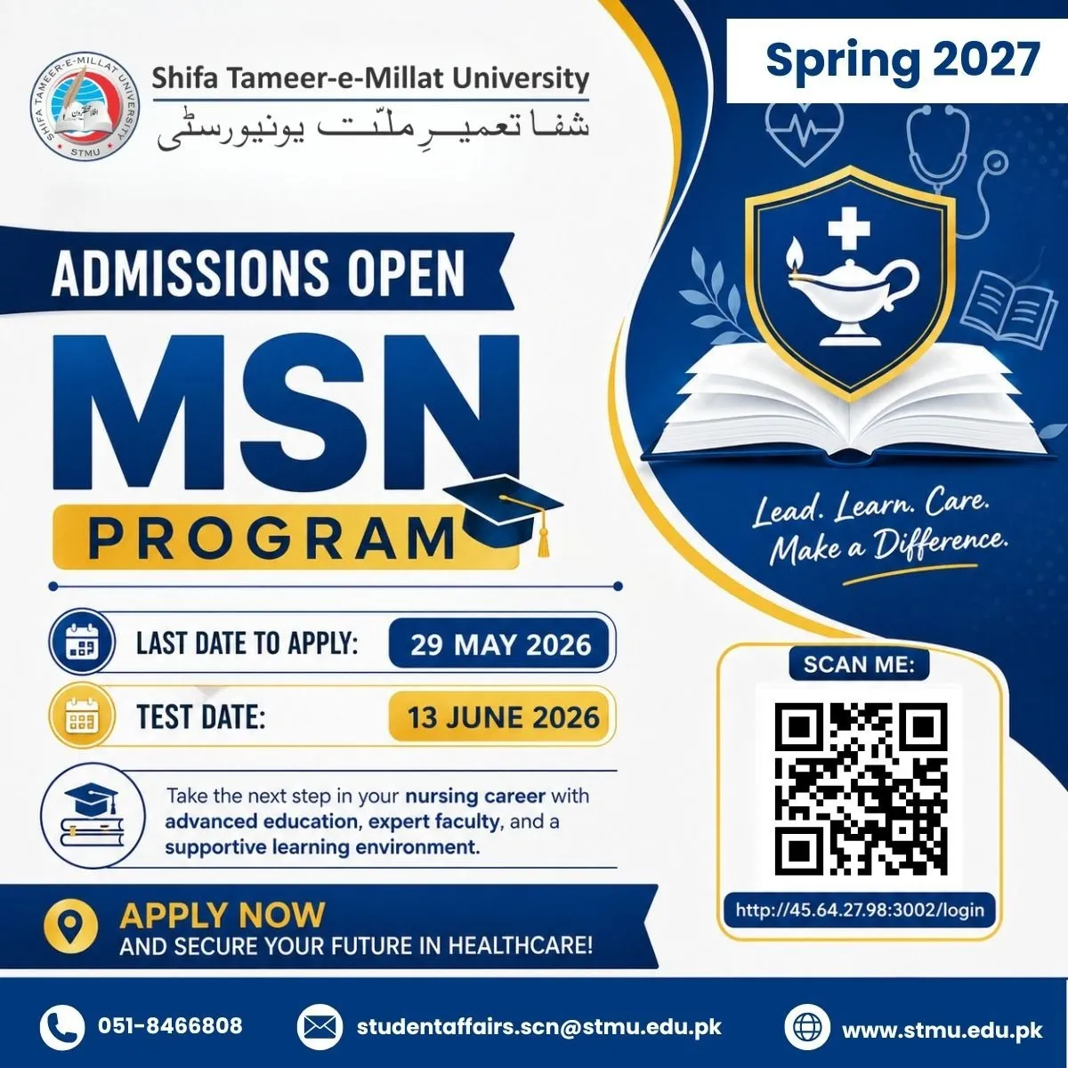 Shifa College of Nursing (SCON) Islamabad Fall Admissions 2026 admission advertisement
