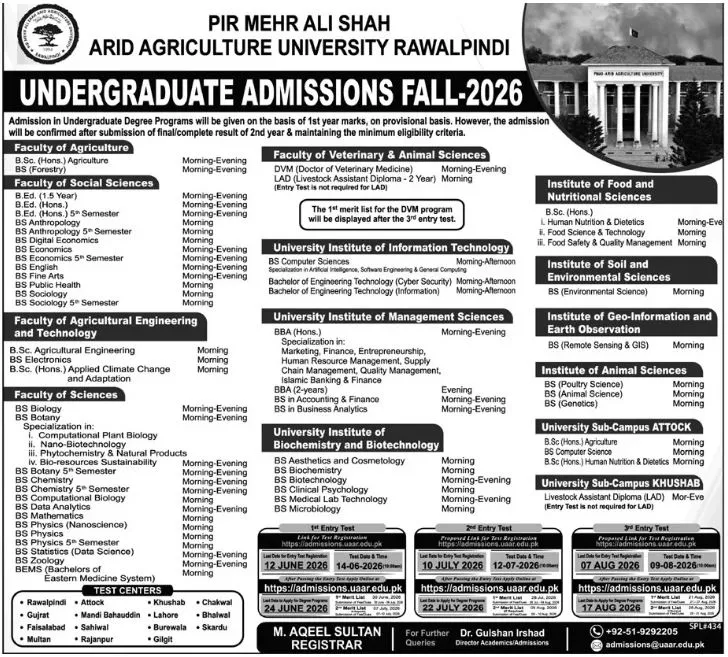 Pir Mehr Ali Shah Arid Agriculture University (PMAS-AAUR) - Undergraduate Programs (Fall Admission 2026)