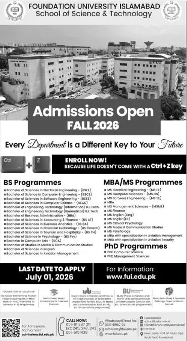 Foundation University Islamabad (FUI) Fall Admission 2026 admission advertisement