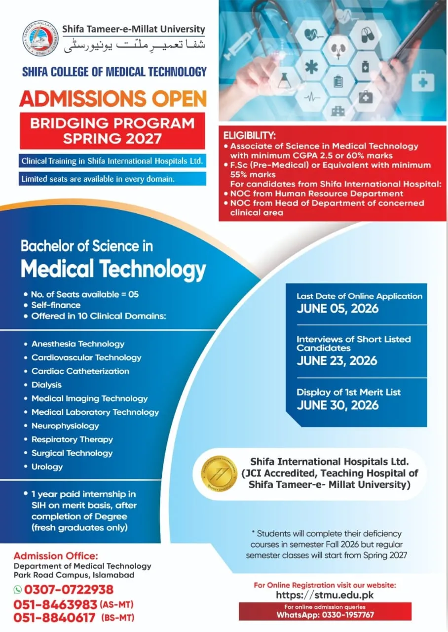 Shifa Tameer-e-Millat University Islamabad (STMU) Spring 2027 admission advertisement Shifa Tameer-e-Millat University Islamabad (STMU) Spring 2027 admission advertisement