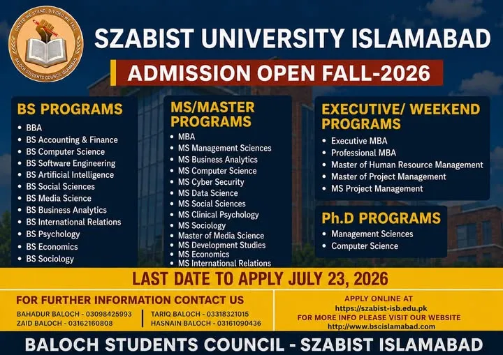 Shaheed Zulfiqar Ali Bhutto Instituite of Science and Technology, Islamabad Campus Fall Admissions 2026 admission advertisement