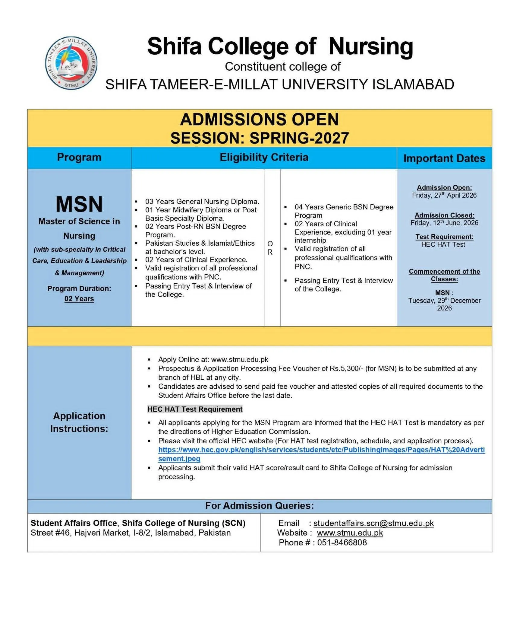 Shifa College of Nursing (SCON) Islamabad Fall Admissions 2026 admission advertisement