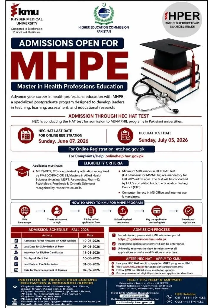 Khyber Medical University Peshawar (KMU) - Master in Health Professions Education (Fall Admissions 2026)