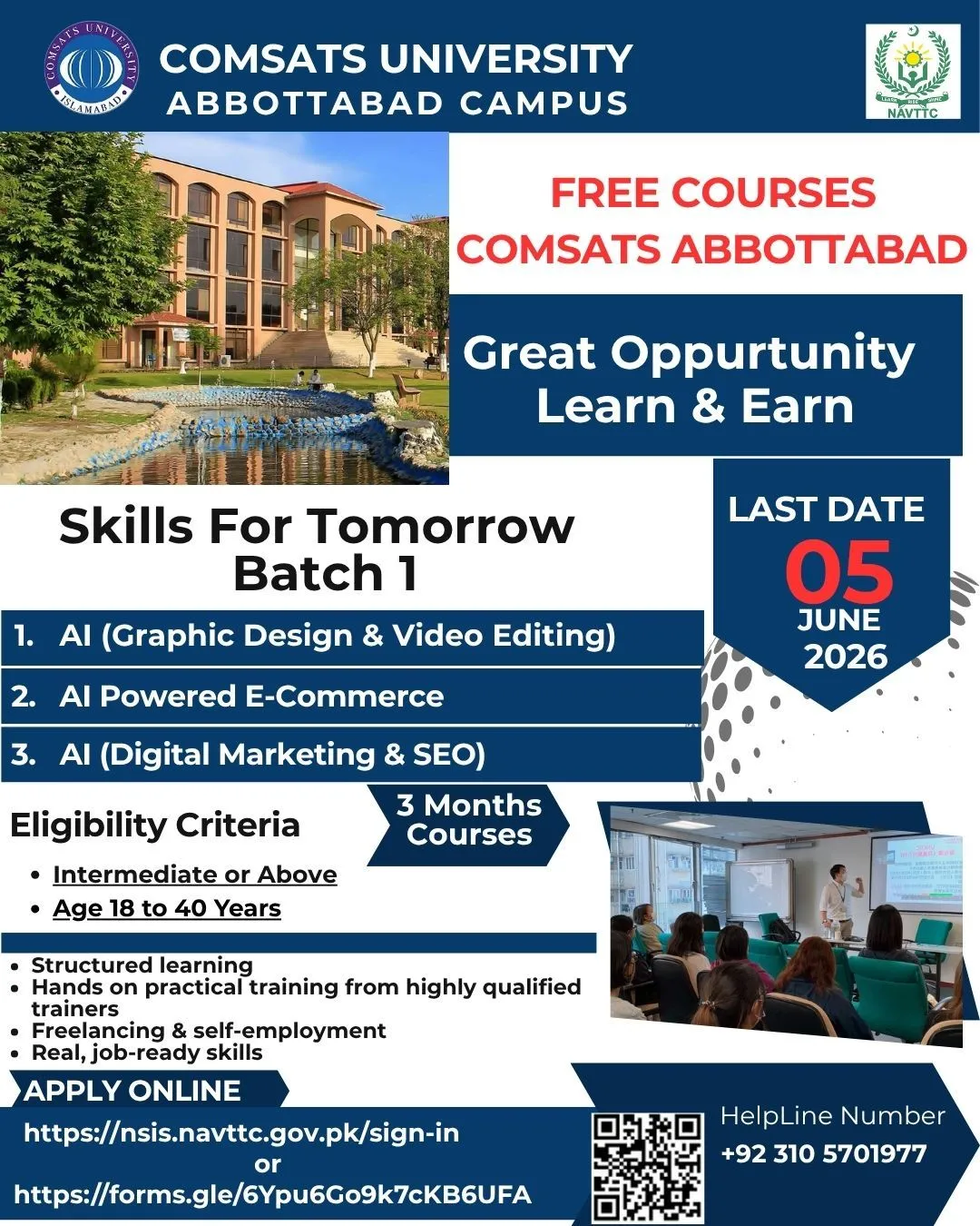 COMSATS University Abbottabad (COMSATS) - Fee Courses (Free Courses Admission 2026)