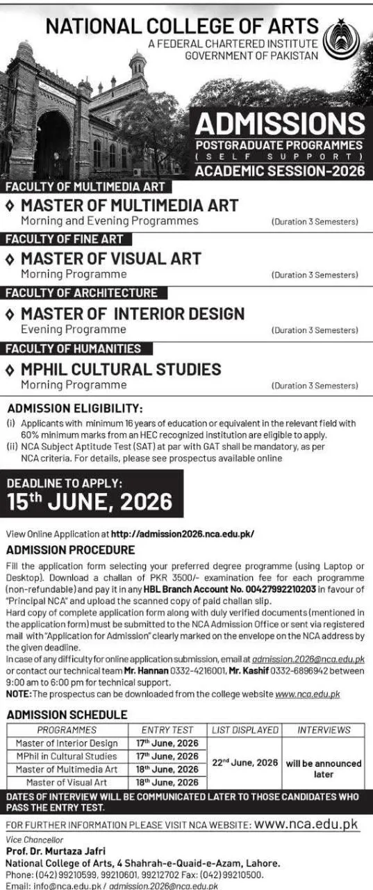 National College of Arts Lahore (NCA) PG Fall Admission 2026 admission advertisement