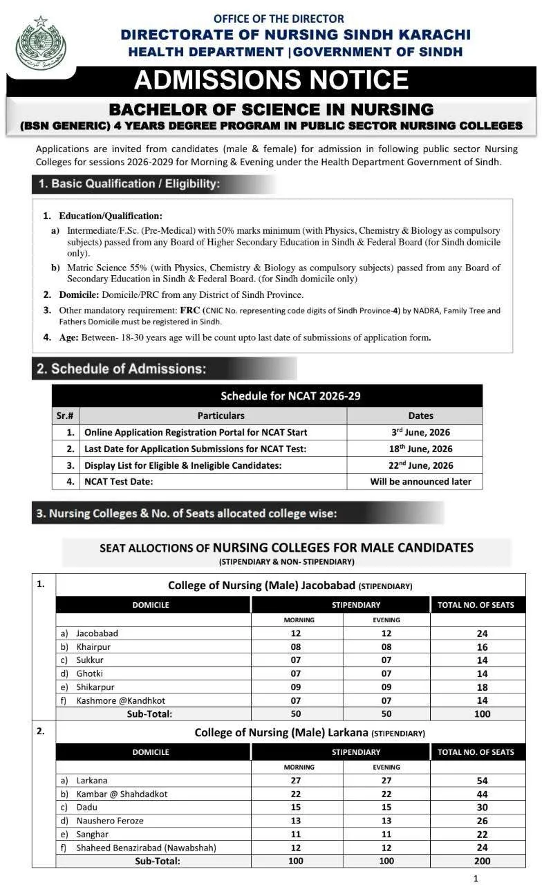 College of Nursing (Male), Larkana - BS Nursing (BSN Admissions 2026)