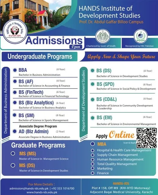 Hands-Institute of Development Studies, Karachi (HANDS) Fall Admissions 2026 admission advertisement