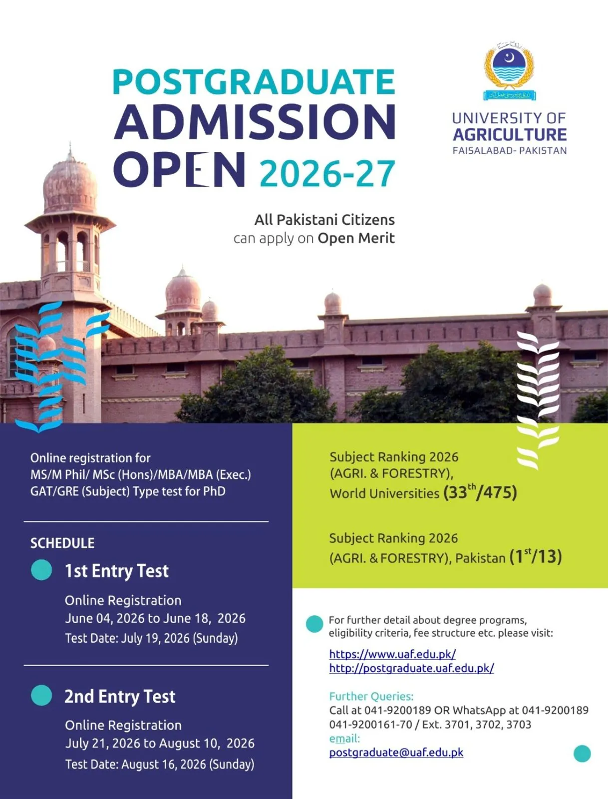 University of Agriculture Faisalabad (UAF) - Post Graduate Program (PG Fall Admissions 2026)