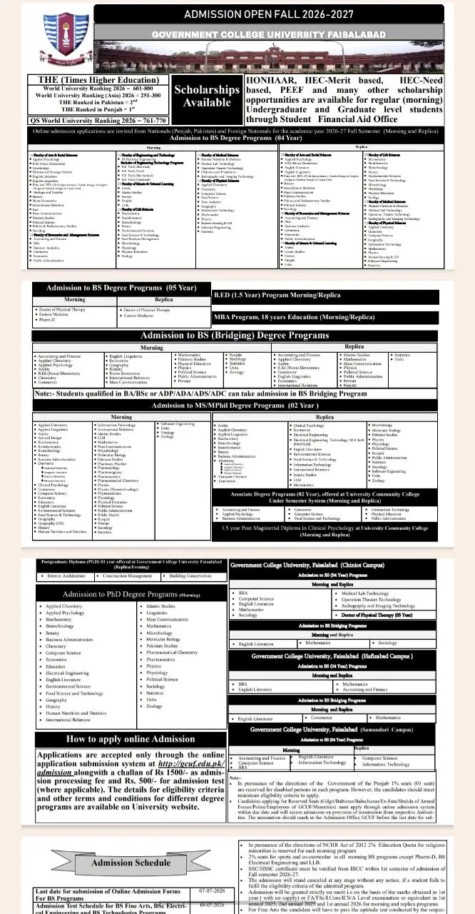 Government College University Faisalabad (GCU Faisalabad) - Under Graducate / Graduate / Post Graduate Programs (BS MPhil PhD Fall Admissions 2026)