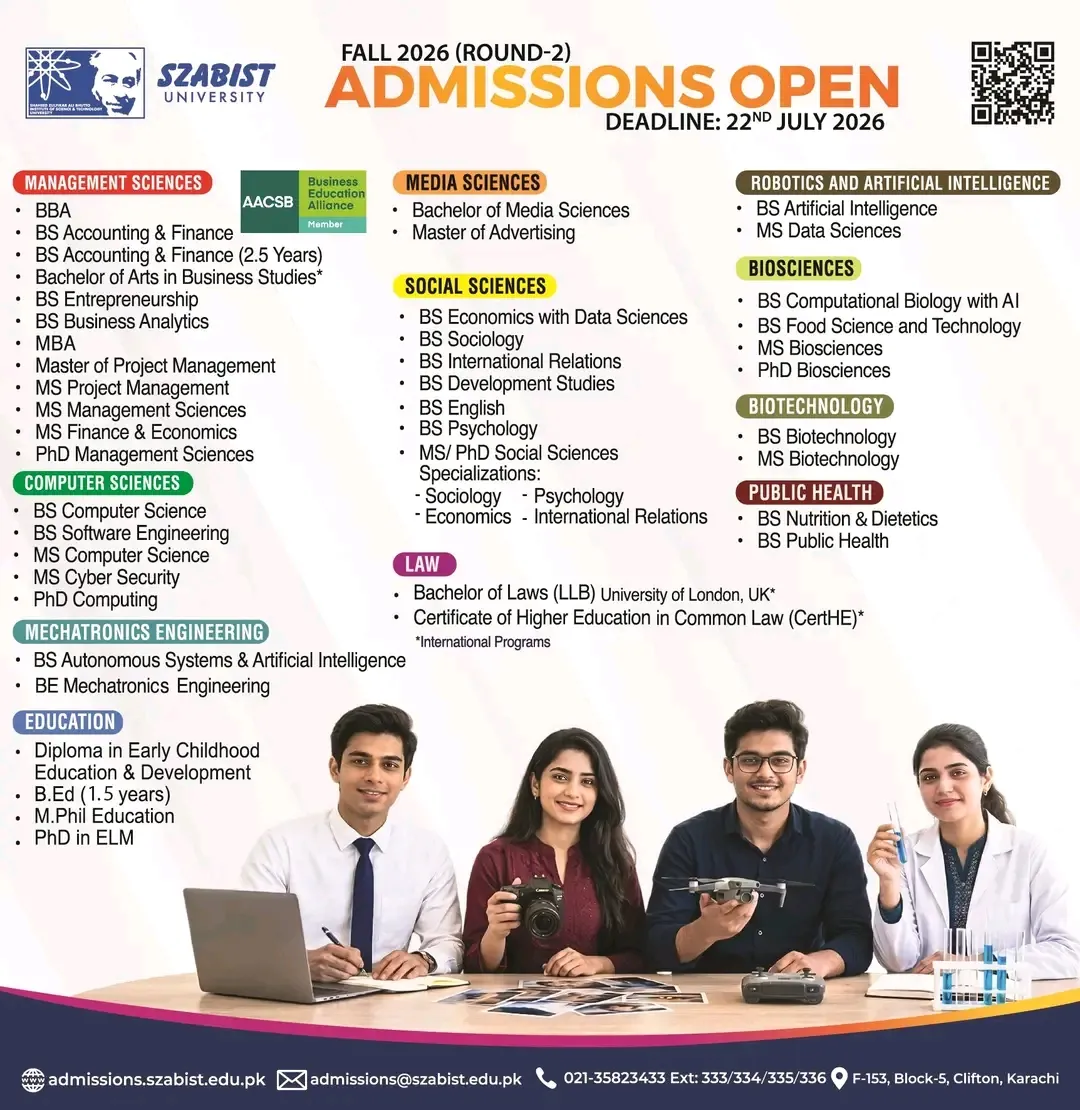 Shaheed Zulfikar Ali Bhutto Institute of Science & Technology Karachi (SZABIST) - Multiple Programs (Fall Admission 2026)