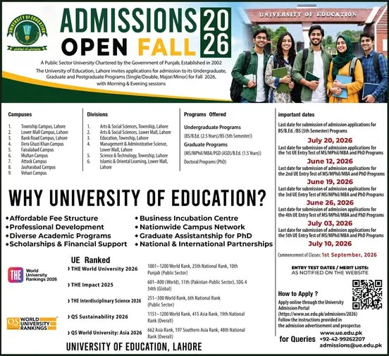 University of Education Multan Campus Fall Admissions 2026 admission advertisement
