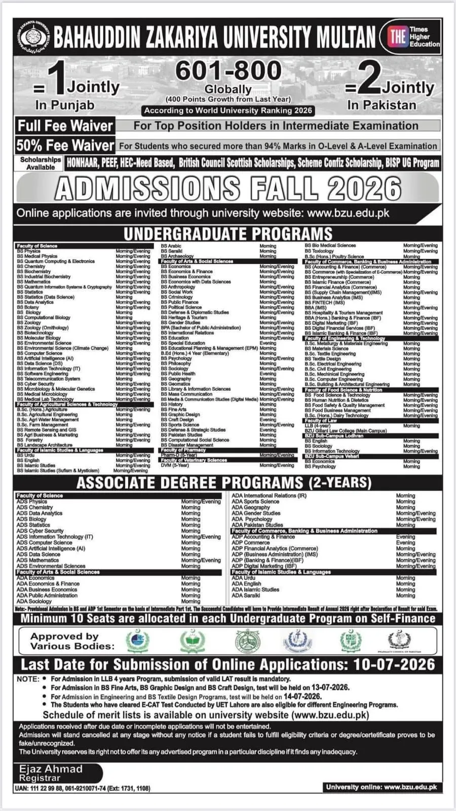 Bahauddin Zakariya University (BZU) - Undergraduate Programs (UG Fall Admissions 2026)