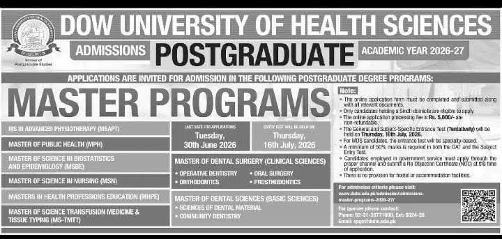 DOW University of Health Sciences Karachi (DUHS) PG Fall Admissions 2026 admission advertisement DOW University of Health Sciences Karachi (DUHS) PG Fall Admissions 2026 admission advertisement