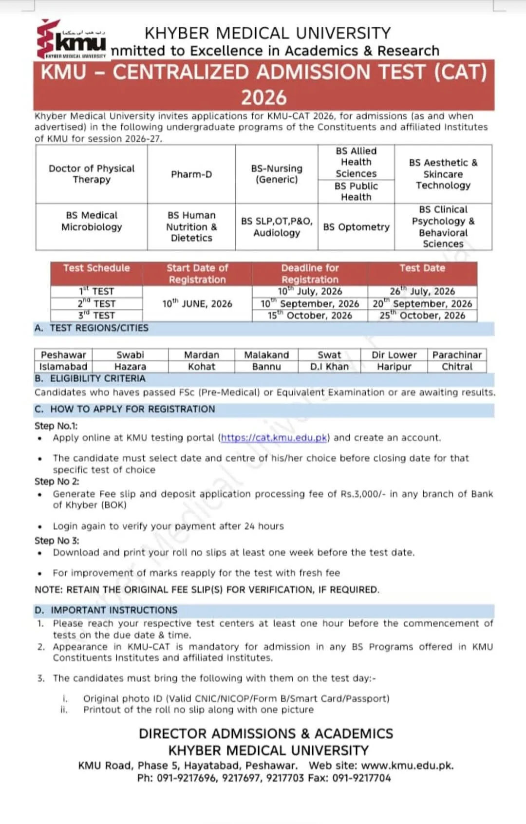 Khyber Medical University Peshawar (KMU) - KMU-CAT (MACKUP Test) (KMU Centralized Admission Test 2026)