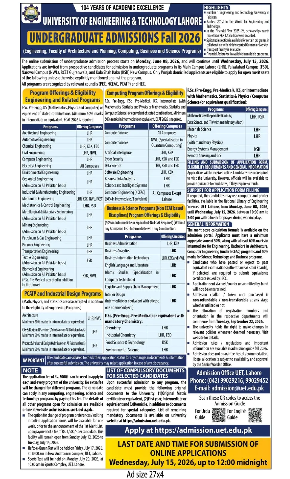 University of Engineering & Technology (UET Lahore) UG Fall Admissions 2026 admission advertisement