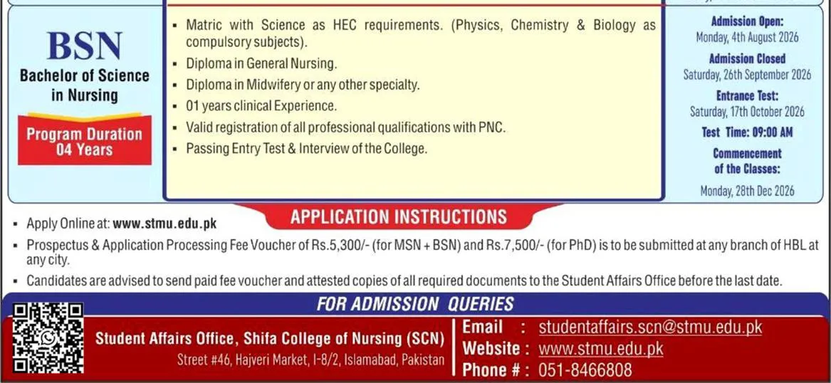 Shifa College of Nursing (SCON) Islamabad - BS Nursing (Spring admissions 2026)