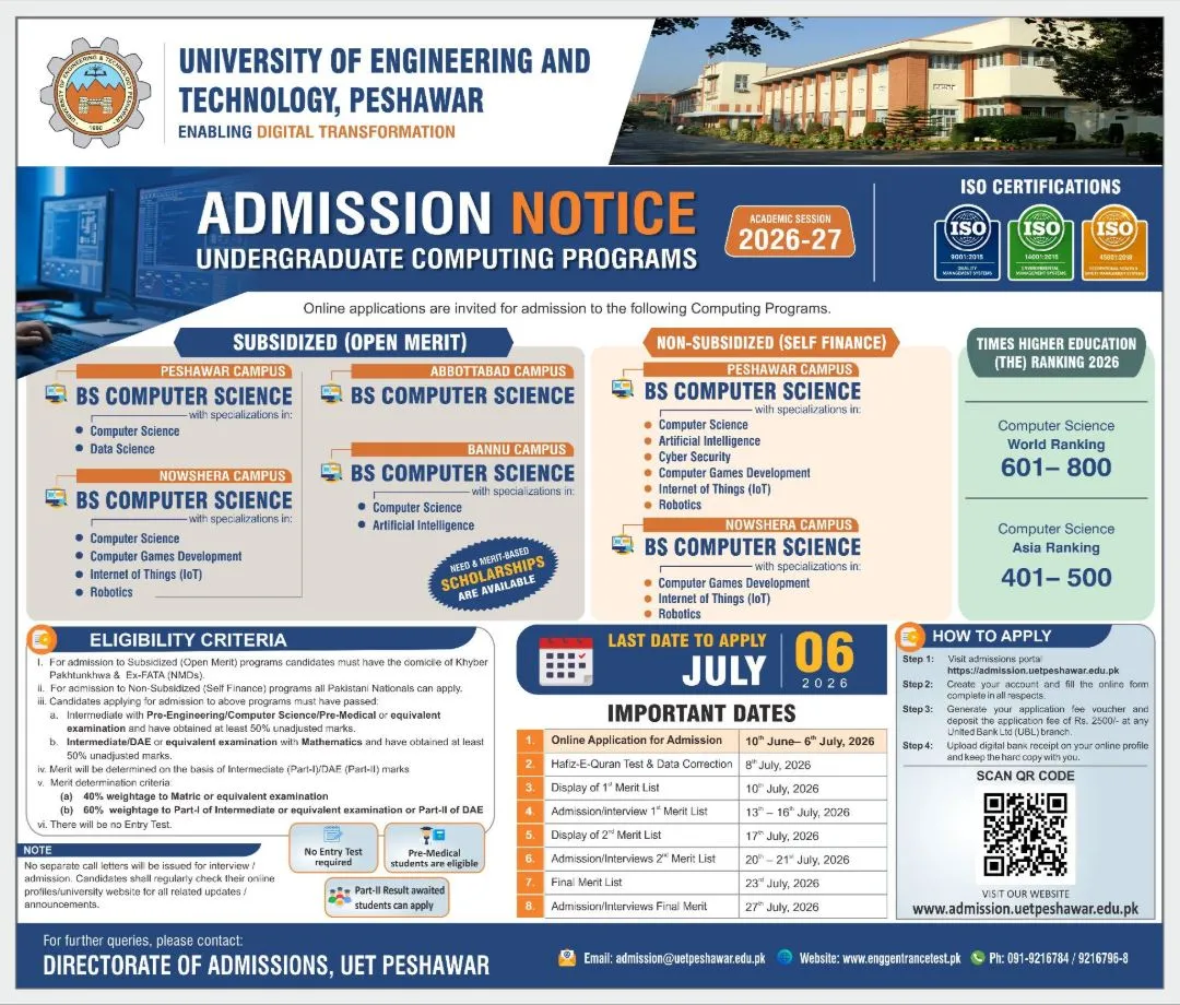 University of Engineering & Technology, Peshawar (UET Peshawar) - Undergraduate Programs (UG Computing Program 2026)