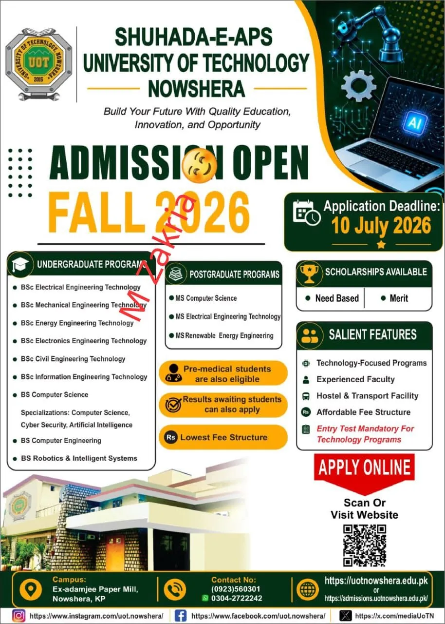 Shuhada-e-Army Public School University of Technology Nowshera (SAPST) - Under Graducate / Graduate / Post Graduate Programs (Fall Admission 2026)