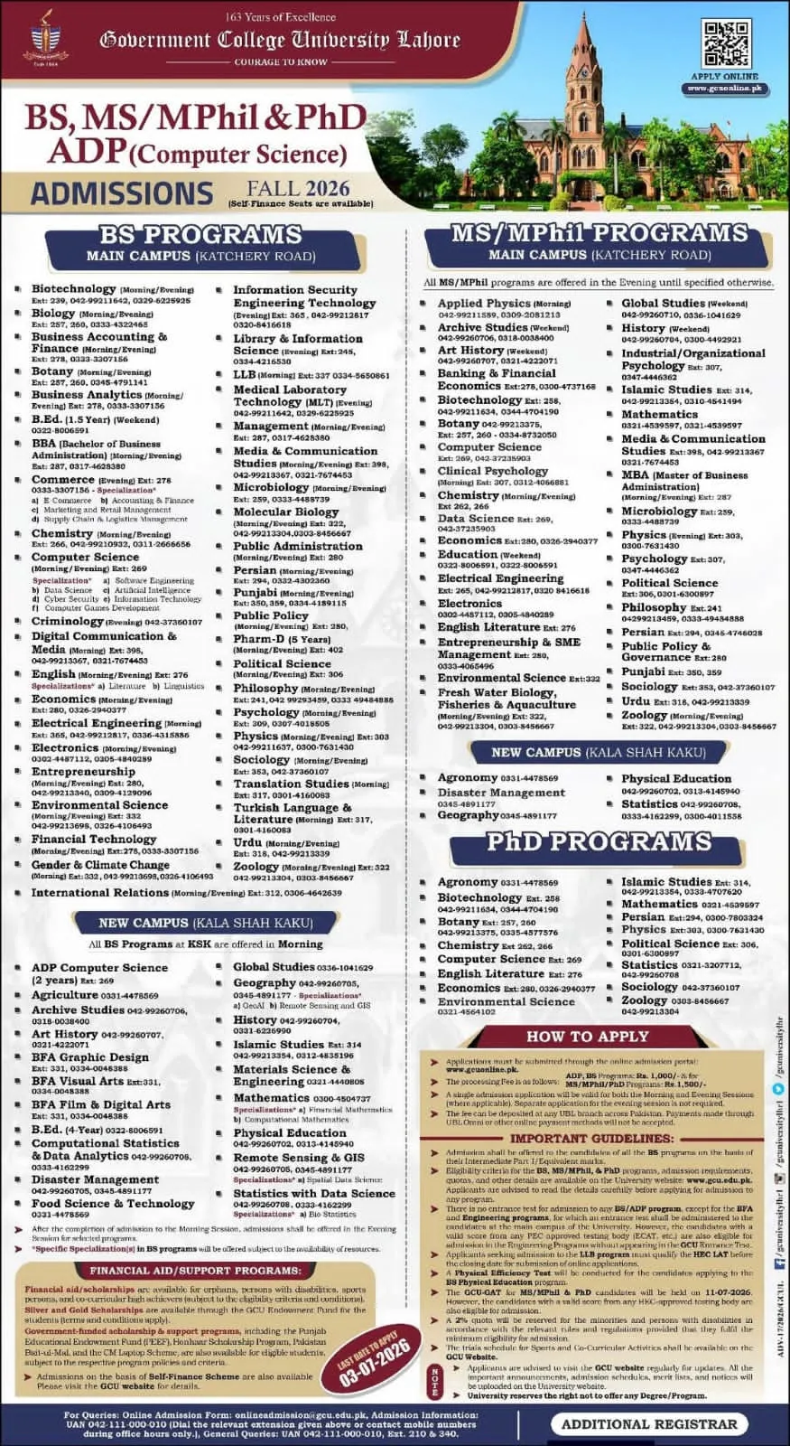 Government College University Lahore (GCU Lahore) Fall Admission 2026 admission advertisement Government College University Lahore (GCU Lahore) Fall Admission 2026 admission advertisement