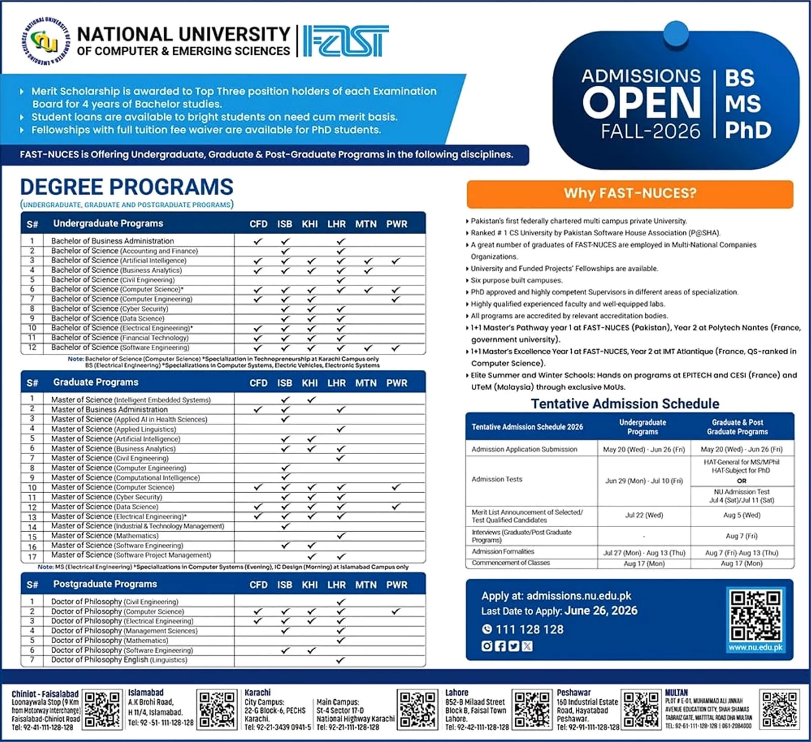 National University of Computer & Emerging Sciences Karachi Campus Fall Admission 2026 admission advertisement