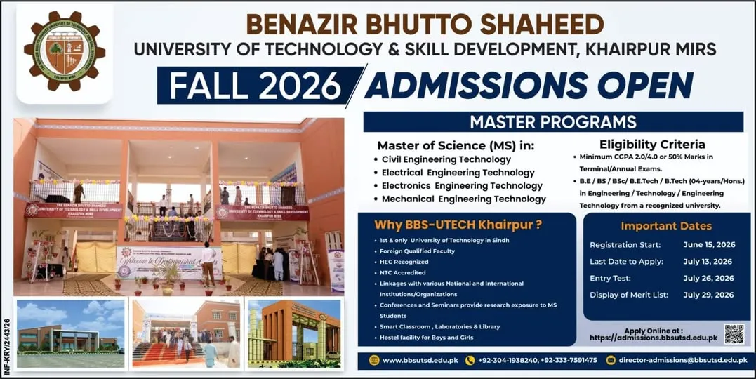 Benazir Bhutto Shaheed University Khairpur Mirs (BBSUTSD) - Graduate Programs (Fall Admission 2026)