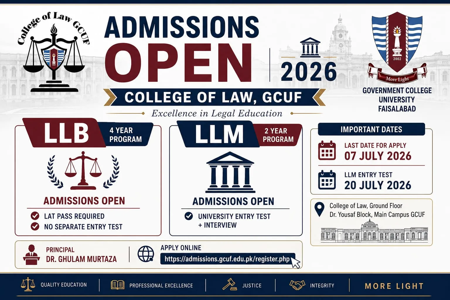 College of Law GCU Faisalabad Fall Admission 2026 admission advertisement