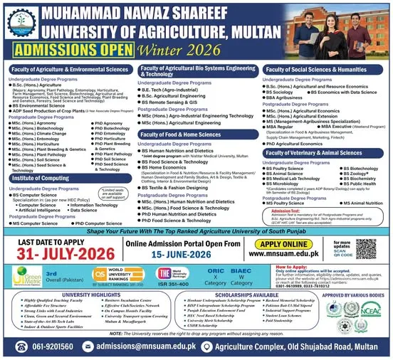 Muhammad Nawaz Sharif University of Agriculture Multan (MNSU) - Under Graducate / Graduate / Post Graduate Programs (Fall Admission 2026)