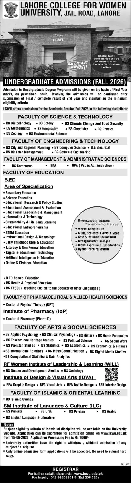 Lahore College for Women University Lahore (LCWU) UG Fall Admissions 2026 admission advertisement