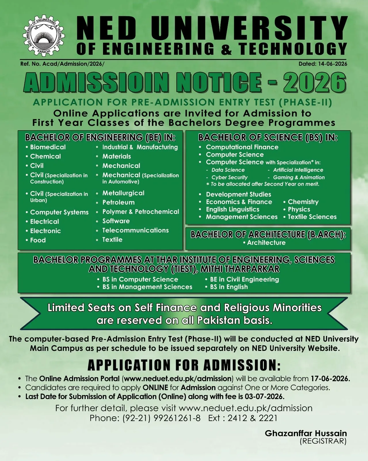 NED University of Engineering & Technology Karachi (NEDUET) Fall Admissions admission advertisement NED University of Engineering & Technology Karachi (NEDUET) Fall Admissions admission advertisement