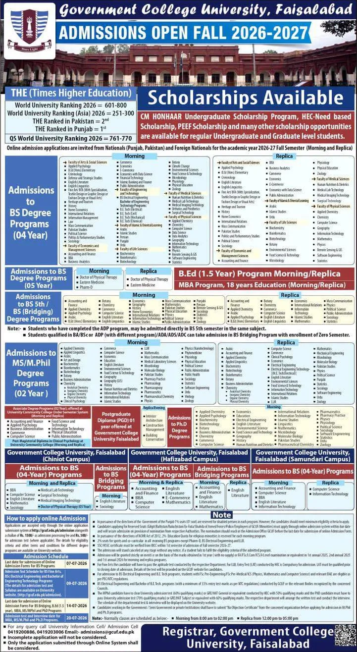 Govt College University Faisalabad Samundri Campus Fall Admission 2026 admission advertisement Govt College University Faisalabad Samundri Campus Fall Admission 2026 admission advertisement