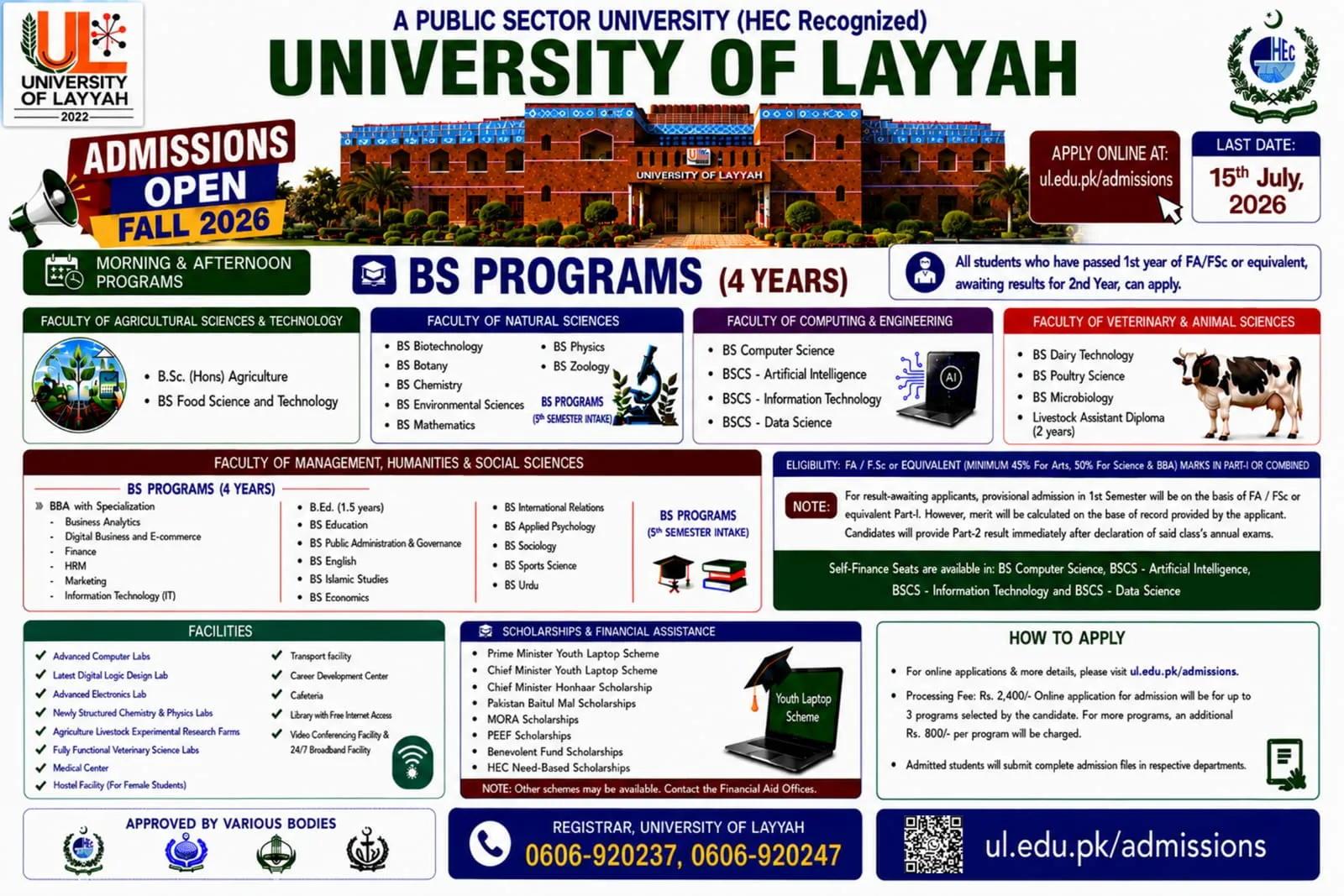 University of Layyah (UL) Fall Admission 2026 admission advertisement