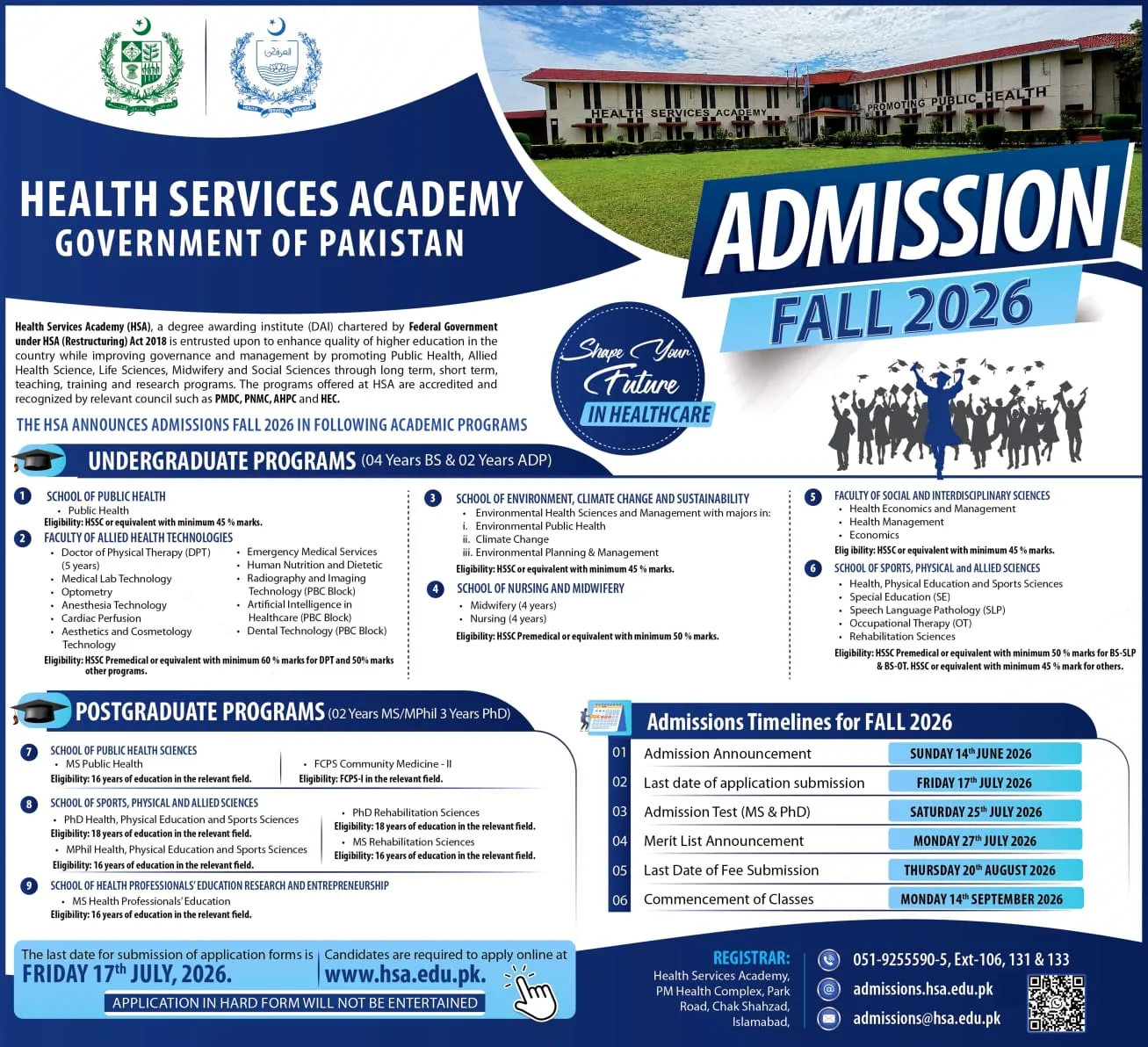 Health Services Academy, Islamabad (HSA) Fall Admission 2026 admission advertisement