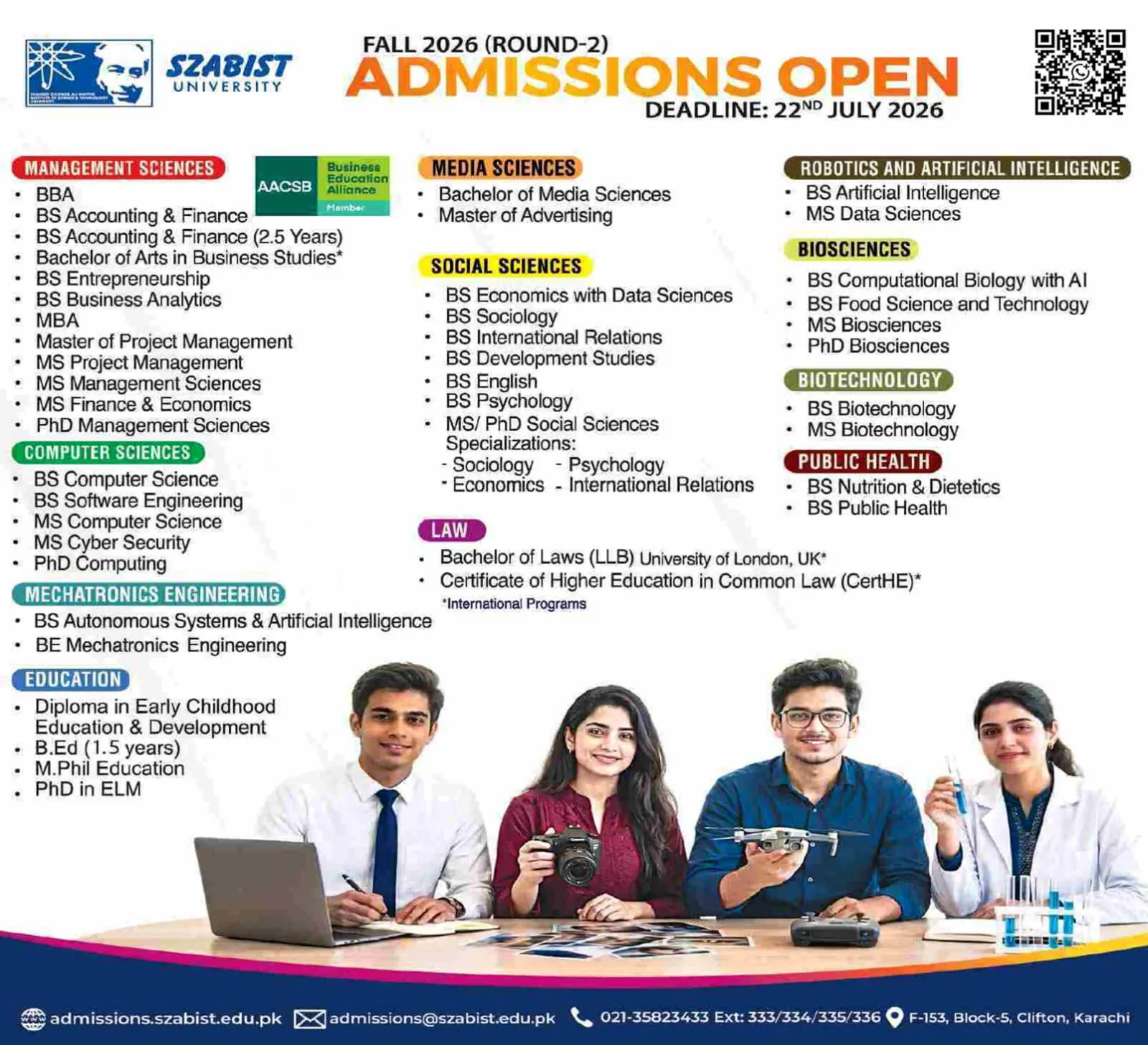 Shaheed Zulfikar Ali Bhutto Institute of Science & Technology Karachi (SZABIST) Round 2 Fall Admission 2026 admission advertisement