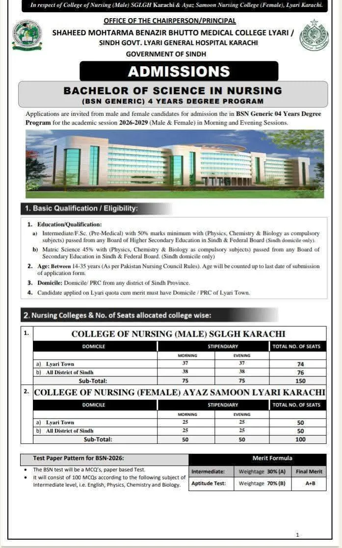 Shaheed Mohtarma Benazir Bhutto Medical College Lyari Karachi BS Nursing Admissions 2026 admission advertisement