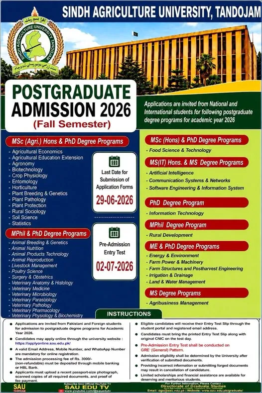 Sindh Agriculture University, Tandojam Fall Admission 2026 admission advertisement Sindh Agriculture University, Tandojam Fall Admission 2026 admission advertisement