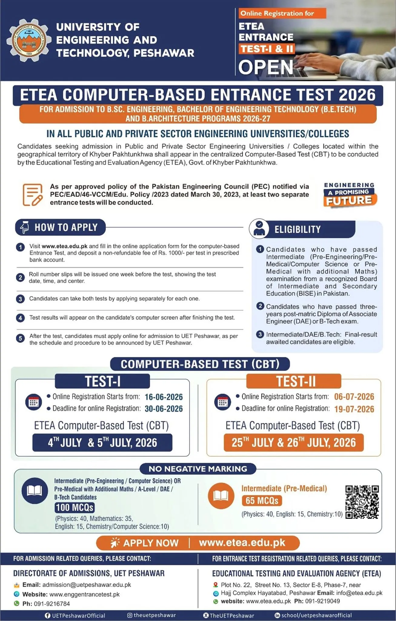 University of Engineering & Technology, Peshawar (UET Peshawar) - Entry test (ETEA Computer Based Entry Test 2026)