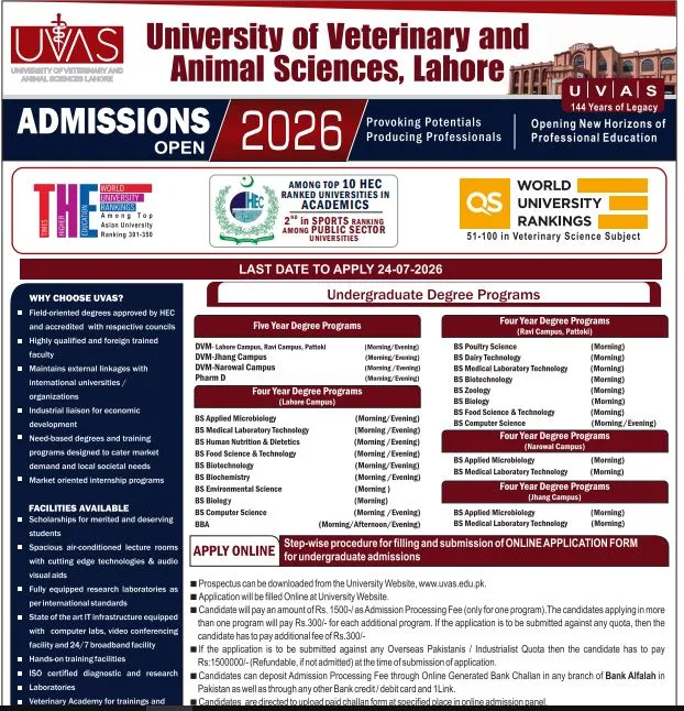 University of Veterinary and Animal Sciences (UVAS) Jhang Campus UG Fall Admissions 2026 admission advertisement University of Veterinary and Animal Sciences (UVAS) Jhang Campus UG Fall Admissions 2026 admission advertisement