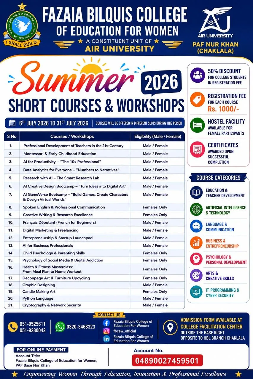 Fazaia Bilquis College of Education for Women Chaklala Rawalpindi Summer Short Course 2026 admission advertisement