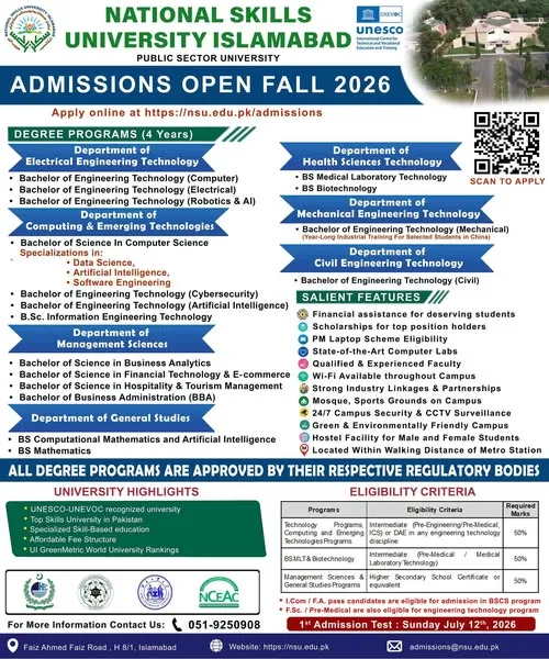 National Skills University, Islamabad (NSU) UG Fall Admissions 2026 admission advertisement