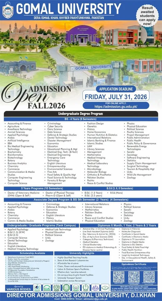 Gomal University DI Khan (GU) UG Fall Admission 2026 admission advertisement