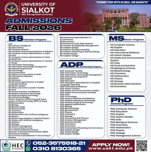 University of Sialkot (US) - Under Graducate / Graduate / Post Graduate Programs (Fall Admission 2026)