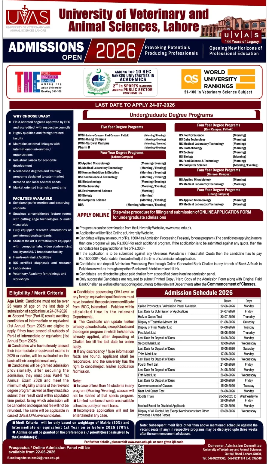 University of Veterinary and Animal Sciences (UVAS) Narowal Campus - Undergraduate Programs (UG Fall Admission 2026)