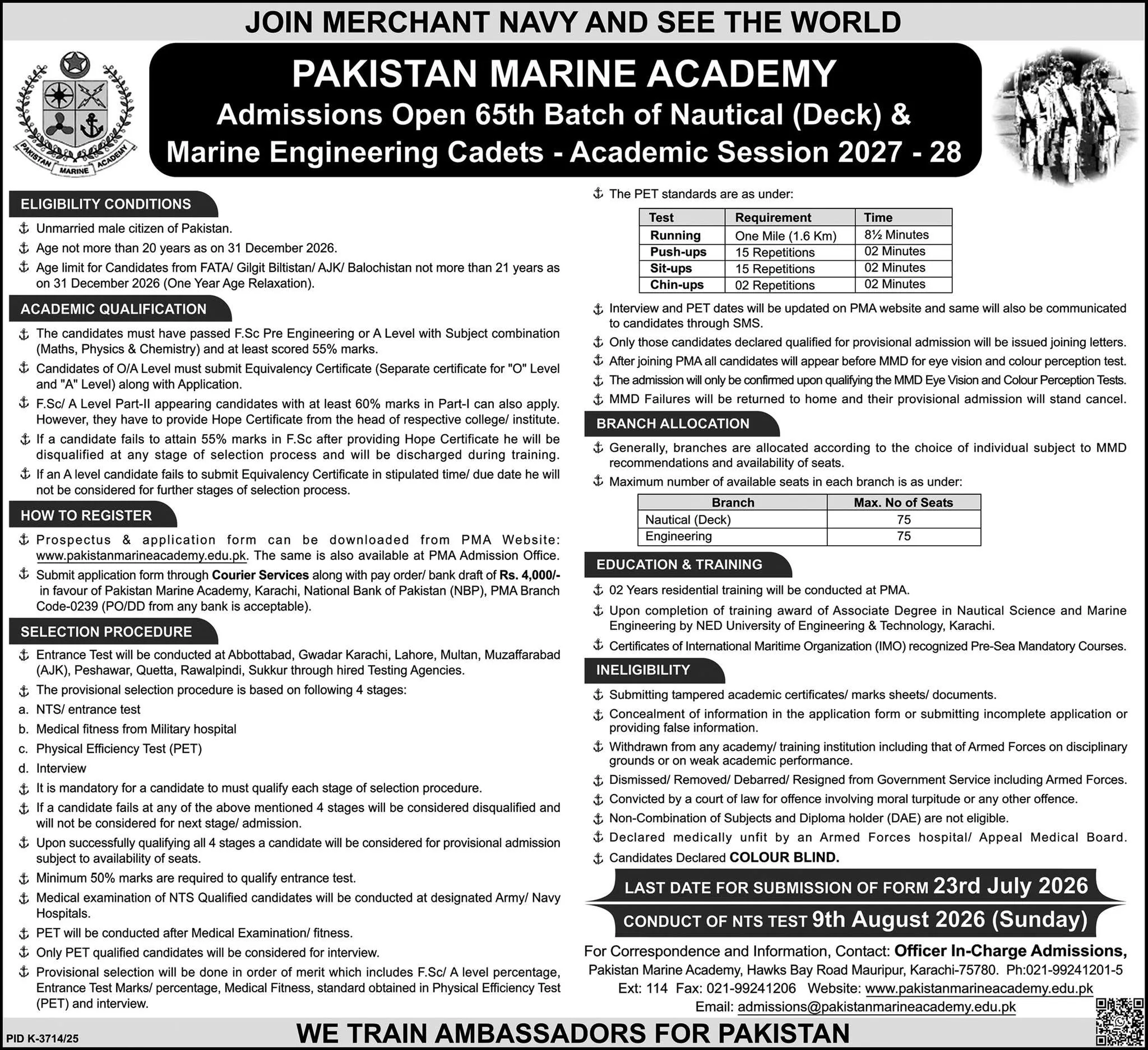 Pakistan Marine Academy (PMA) Karachi - 65th Batch of Nautical (Deck) and Marine Engineering Cadets (Marine Engineering Cadets 2027-2028)