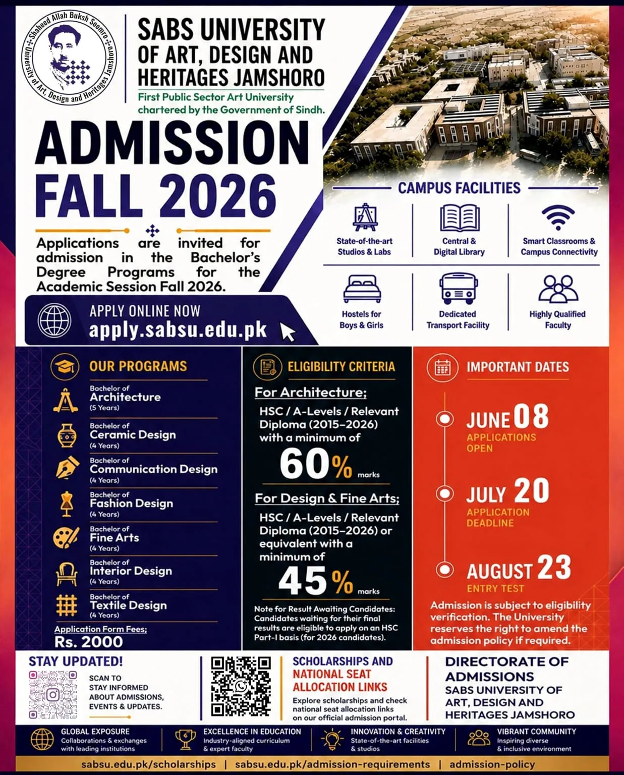 Shaheed Allah Buksh Soomro University of Arts, Design & Heritages Jamshoro (SABSU) - Undergraduate Programs (UG Fall Admission 2026)