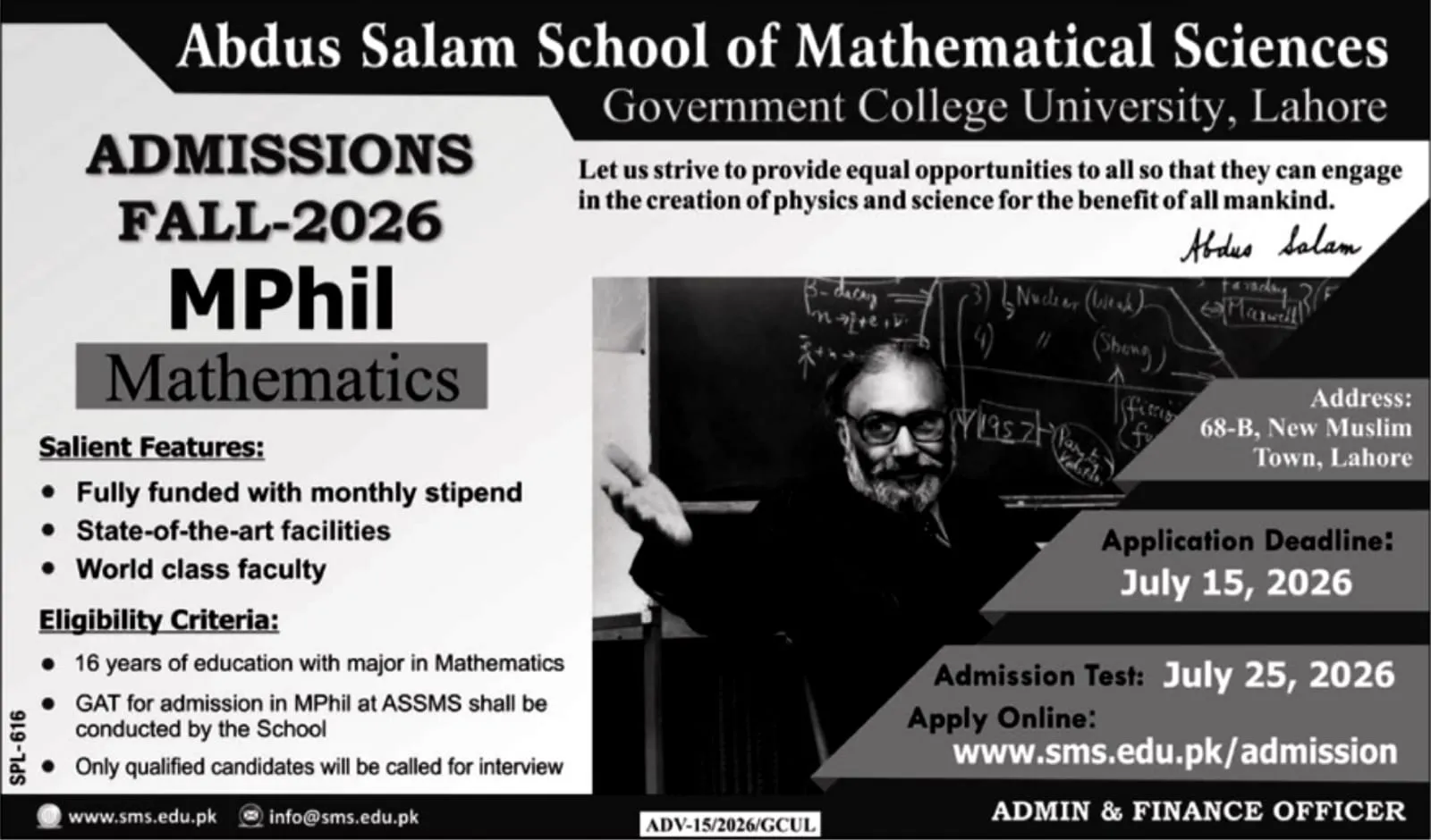 Abdus Salam School of Mathematical Sciences (ASSMS), GC University Lahore MPhil Mathematics Admissions 2026 admission advertisement Abdus Salam School of Mathematical Sciences (ASSMS), GC University Lahore MPhil Mathematics Admissions 2026 admission advertisement