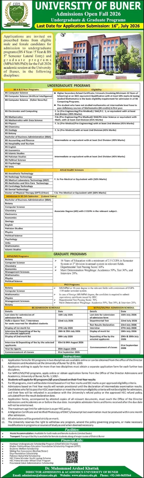 University of Buner (UB) PG Fall Admission 2026 admission advertisement