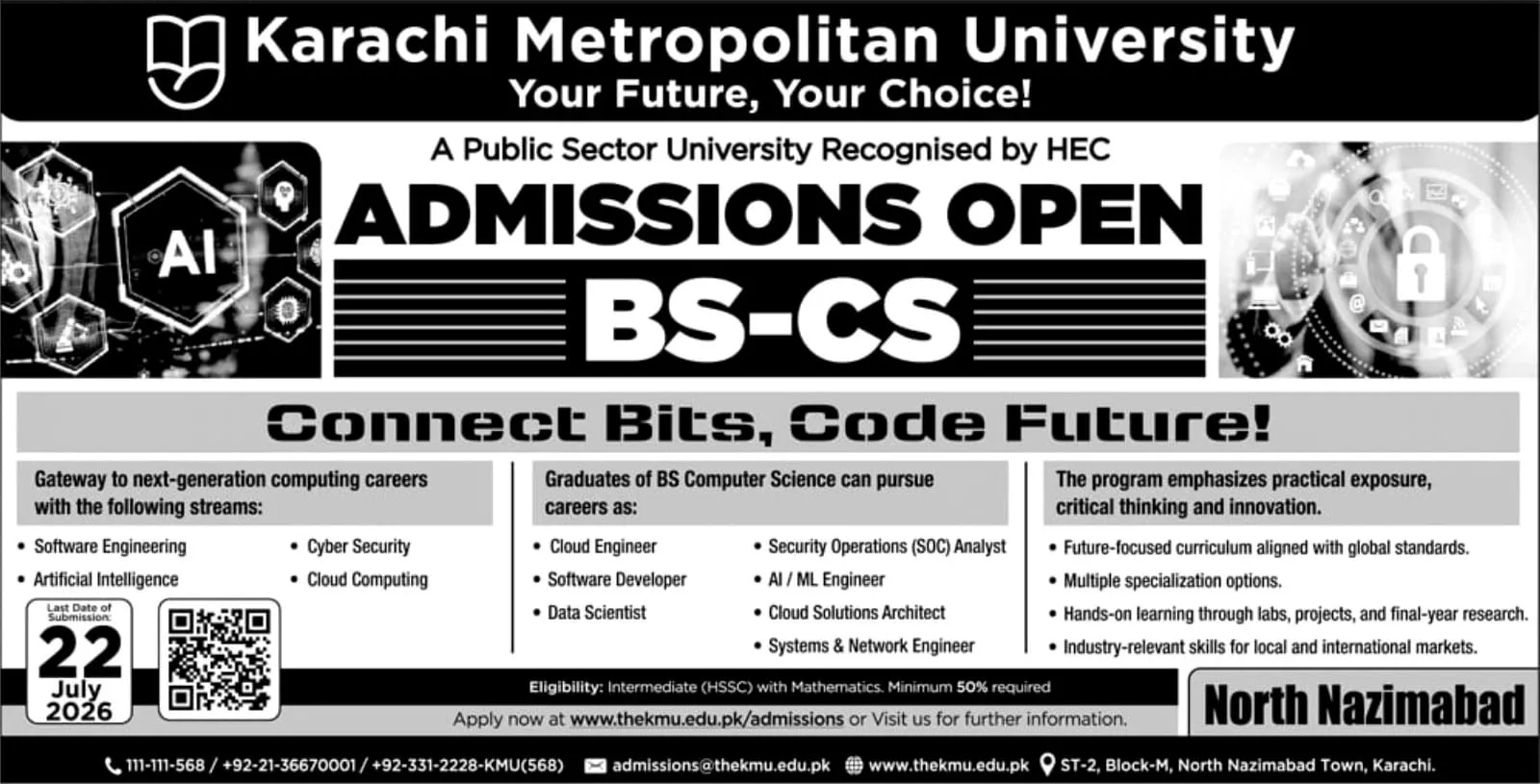 Karachi Metropolitan University Karachi (KMU) BS CS Fall Admission 2026 admission advertisement