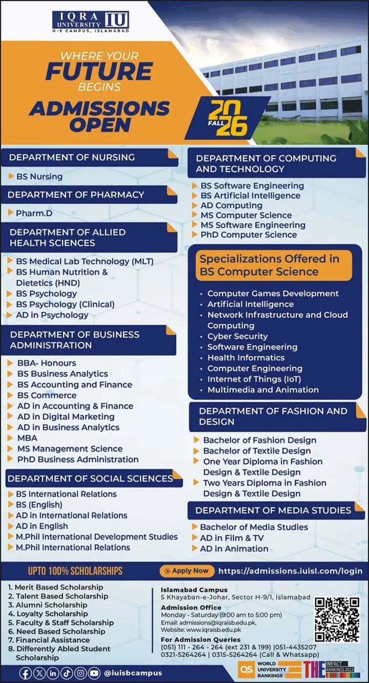 Iqra University H-9 Campus Islamabad (IU-H9) Fall Admission 2026 admission advertisement Iqra University H-9 Campus Islamabad (IU-H9) Fall Admission 2026 admission advertisement