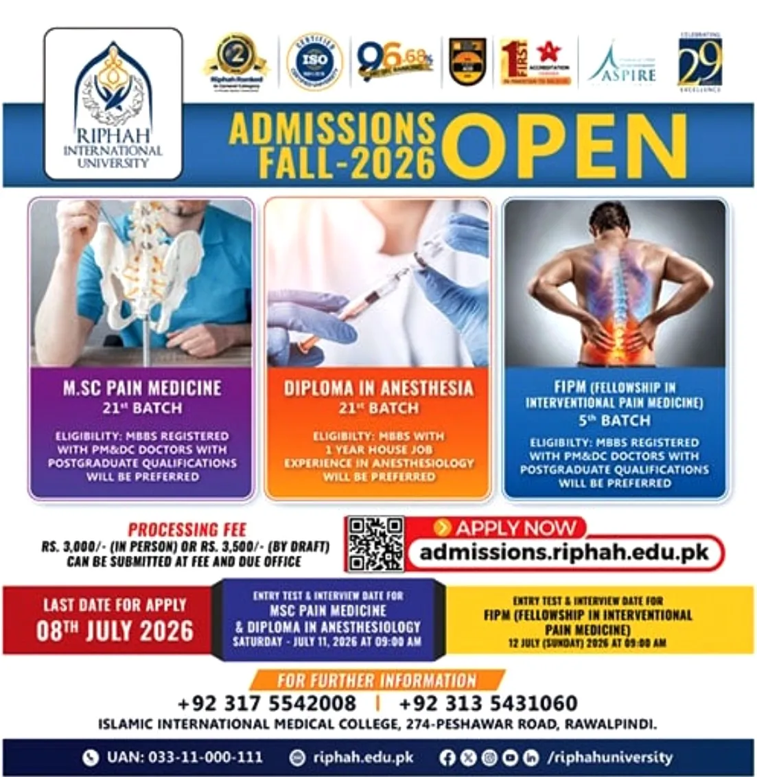 Riphah International University Rawalpindi Campus - Post Graduate (Pain Medicine Admissions Fall 2026)