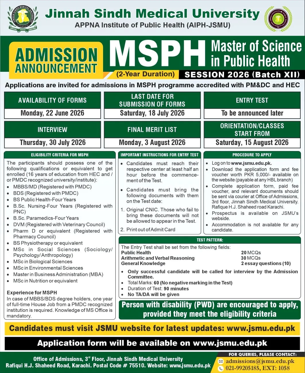 Jinnah Sindh Medical University Karachi (JSMU) MS Public Health (MSPH) Admissions 2026  admission advertisement